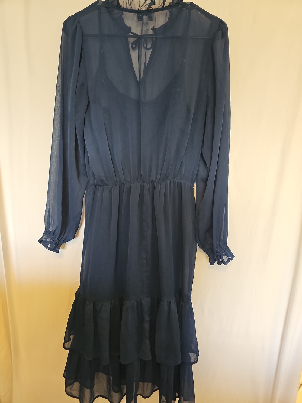 Navy Blue Sheer Tiered Midi DressSize: Small - Picture 4 of 9